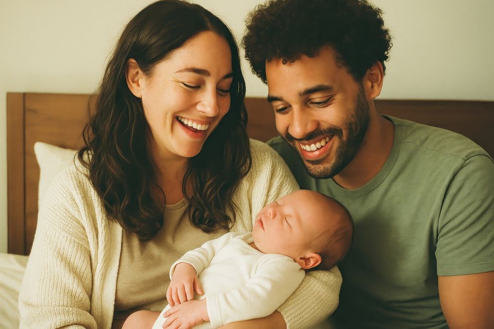 Parents smiling while holding their newborn baby